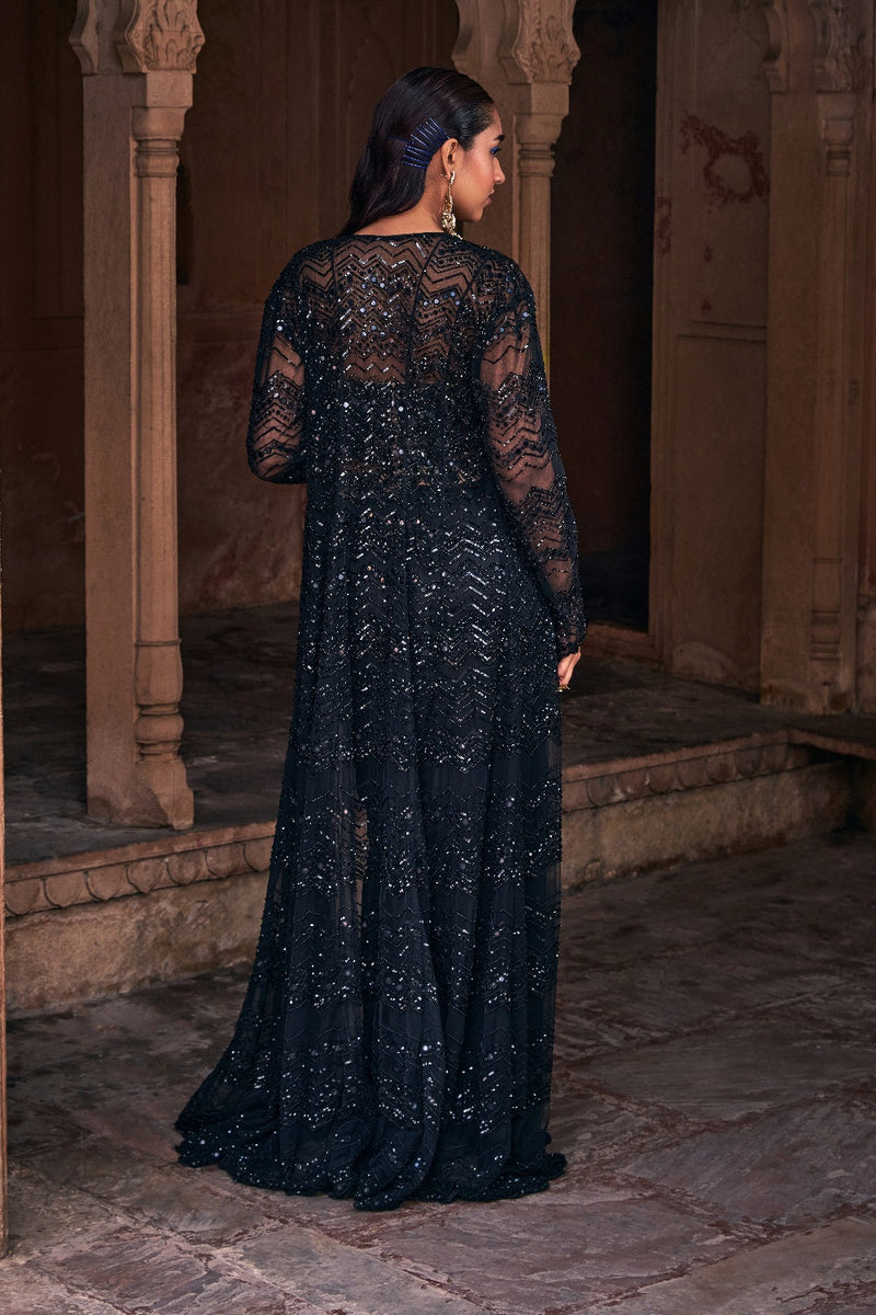 Black Embroidered Long Jacket Set