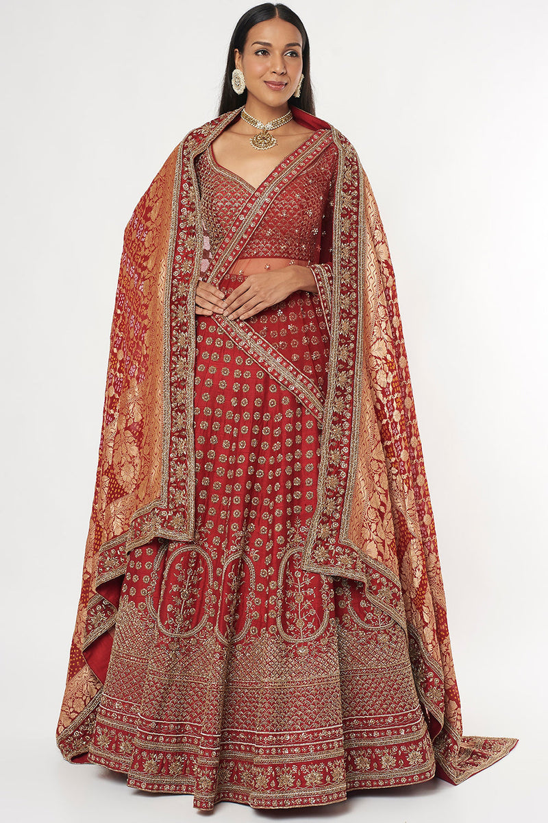 Barn Red Dabka Embroidered Lehenga Set