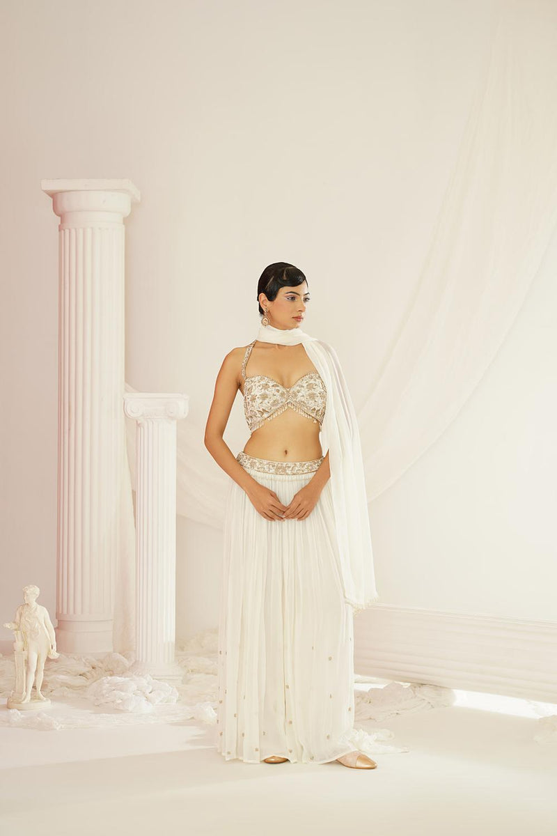 Ivory Embellished Kurta, Pallazo And Dupatta