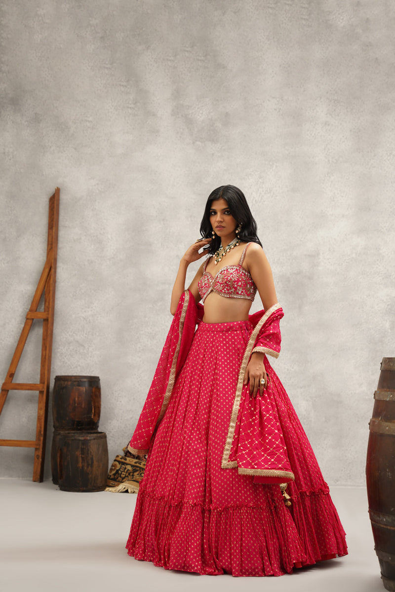 Fuchsia Embroidered Banarsi Georgette Blouse, Lehenga And Dupatta Set