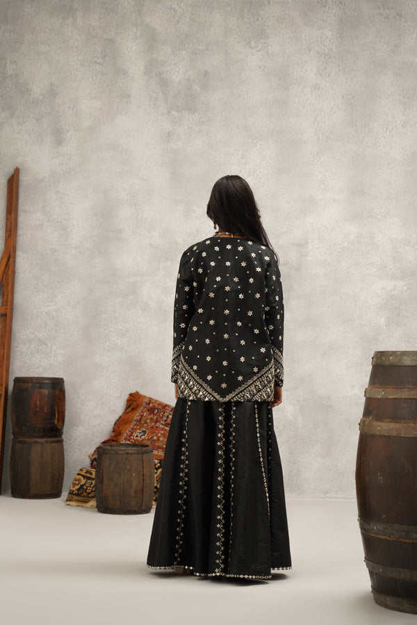 Black Embroidered Silk Jacket, Crop Top And Sharara