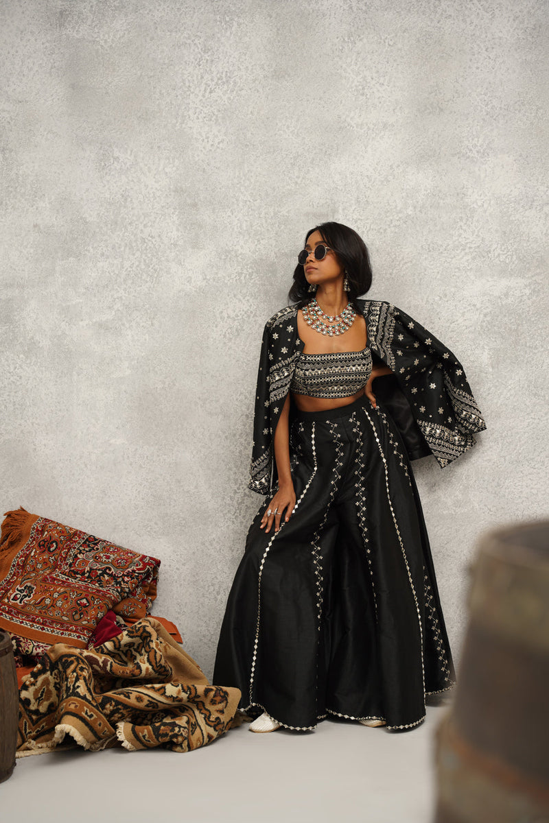 Black Embroidered Silk Jacket, Crop Top And Sharara