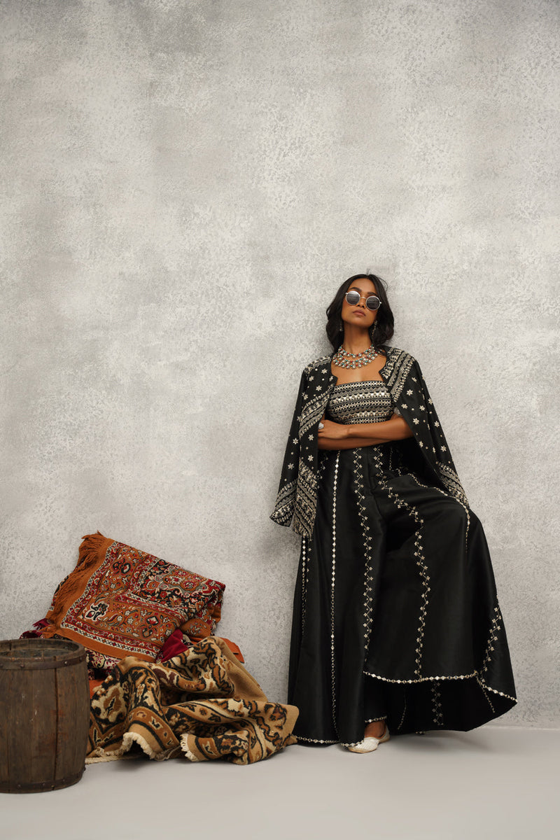 Black Embroidered Silk Jacket, Crop Top And Sharara