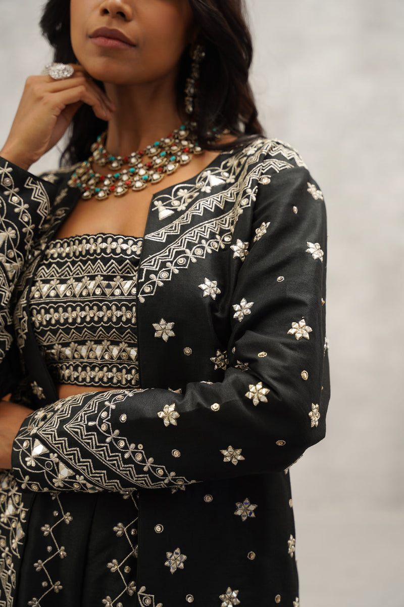 Black Embroidered Silk Jacket, Crop Top And Sharara