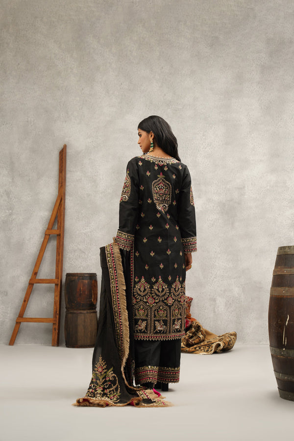 Black Embroidered Silk Bustier, Kurti, Pant And Dupatta Set