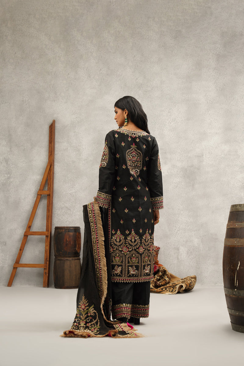 Black Embroidered Silk Bustier, Kurti, Pant And Dupatta Set
