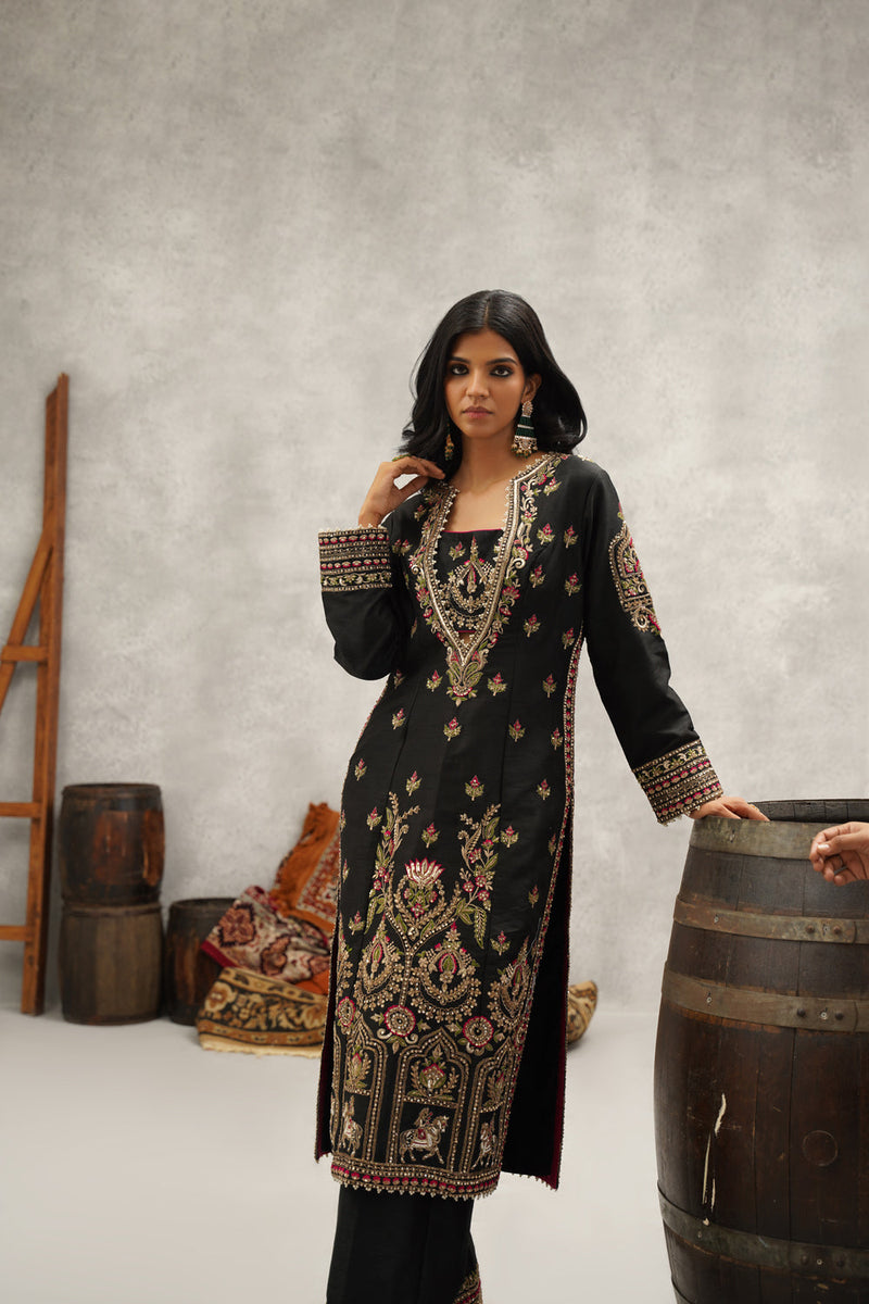 Black Embroidered Silk Bustier, Kurti, Pant And Dupatta Set