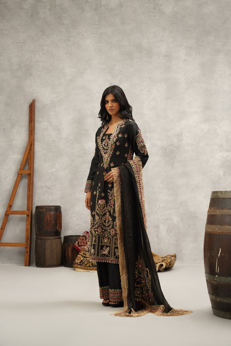 Black Embroidered Silk Bustier, Kurti, Pant And Dupatta Set