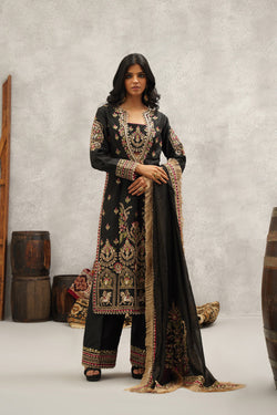 Black Embroidered Silk Bustier, Kurti, Pant And Dupatta Set