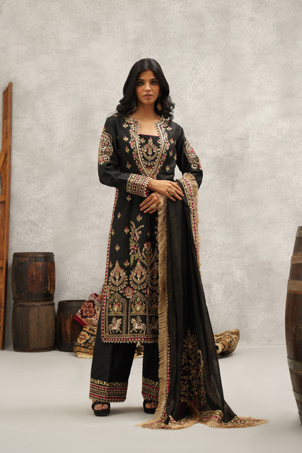 Black Embroidered Silk Bustier, Kurti, Pant And Dupatta Set