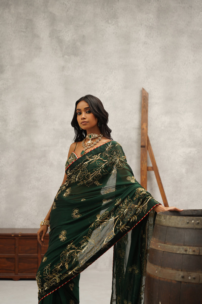 Bottle Green Embroidered Saree Set
