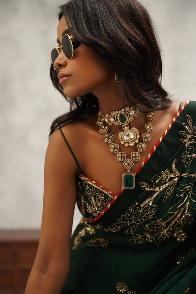 Bottle Green Embroidered Saree Set