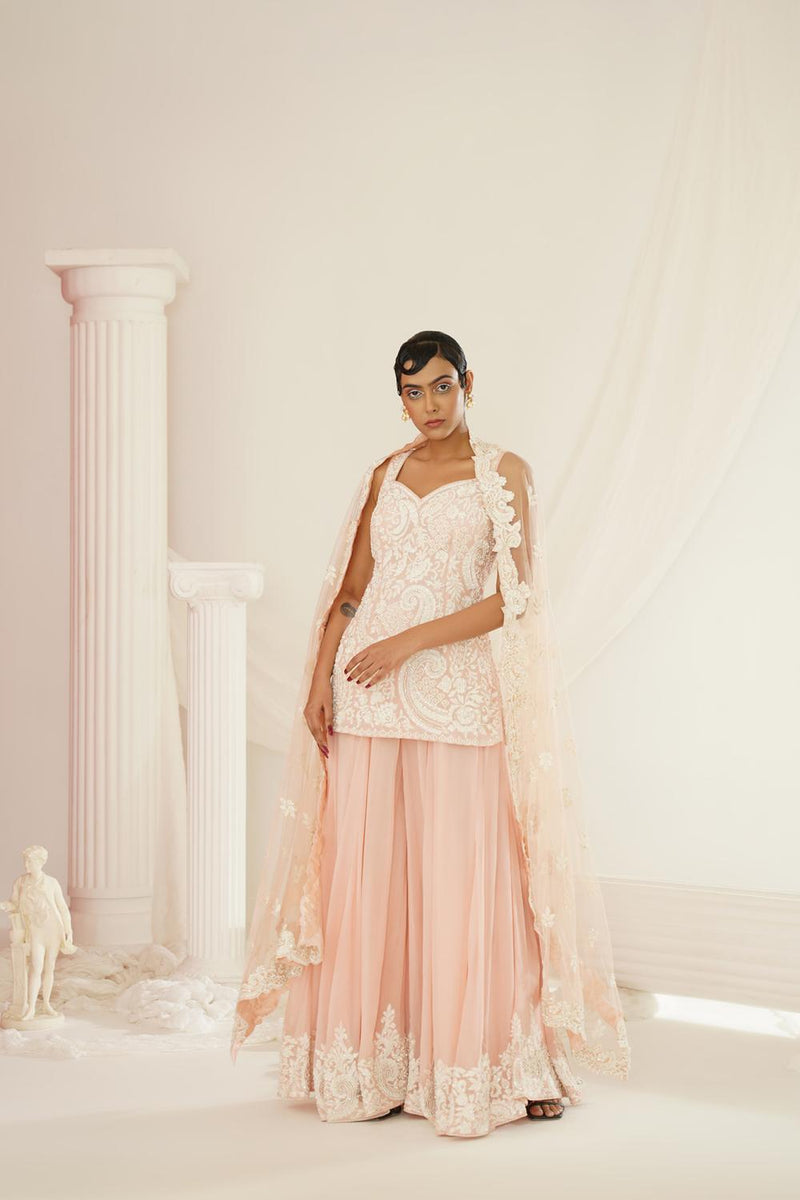 Blush Pink Embellished Kurta, Pallazo And Dupatta