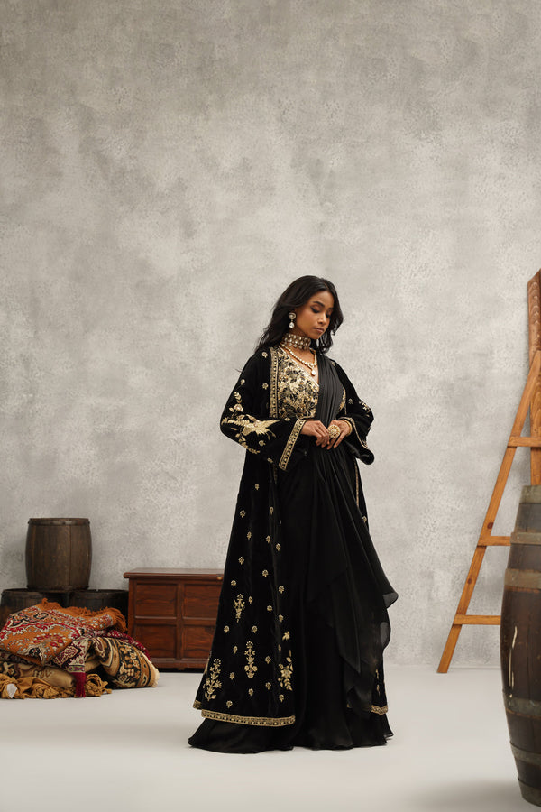 Black Embroidered Saree Set