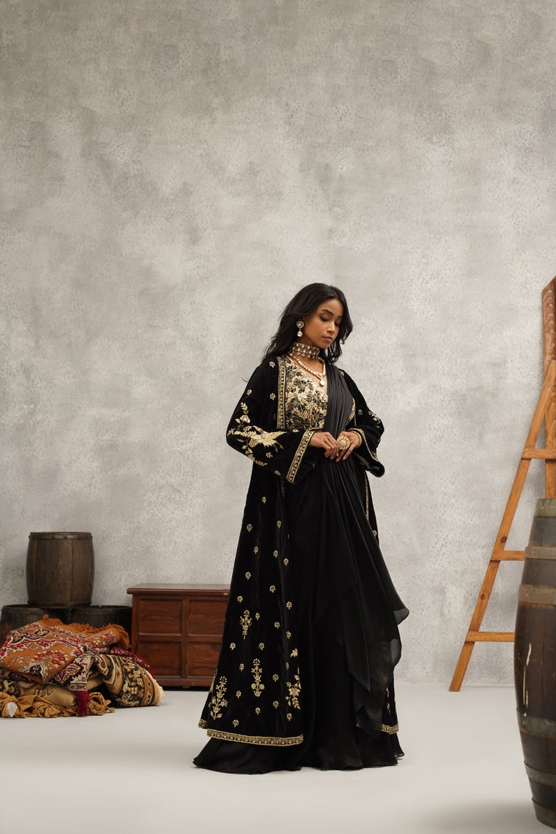 Black Embroidered Saree Set