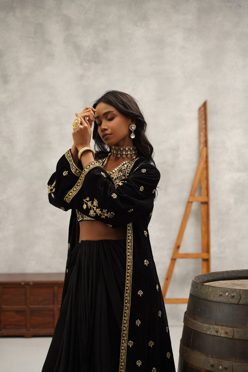 Black Embroidered Saree Set