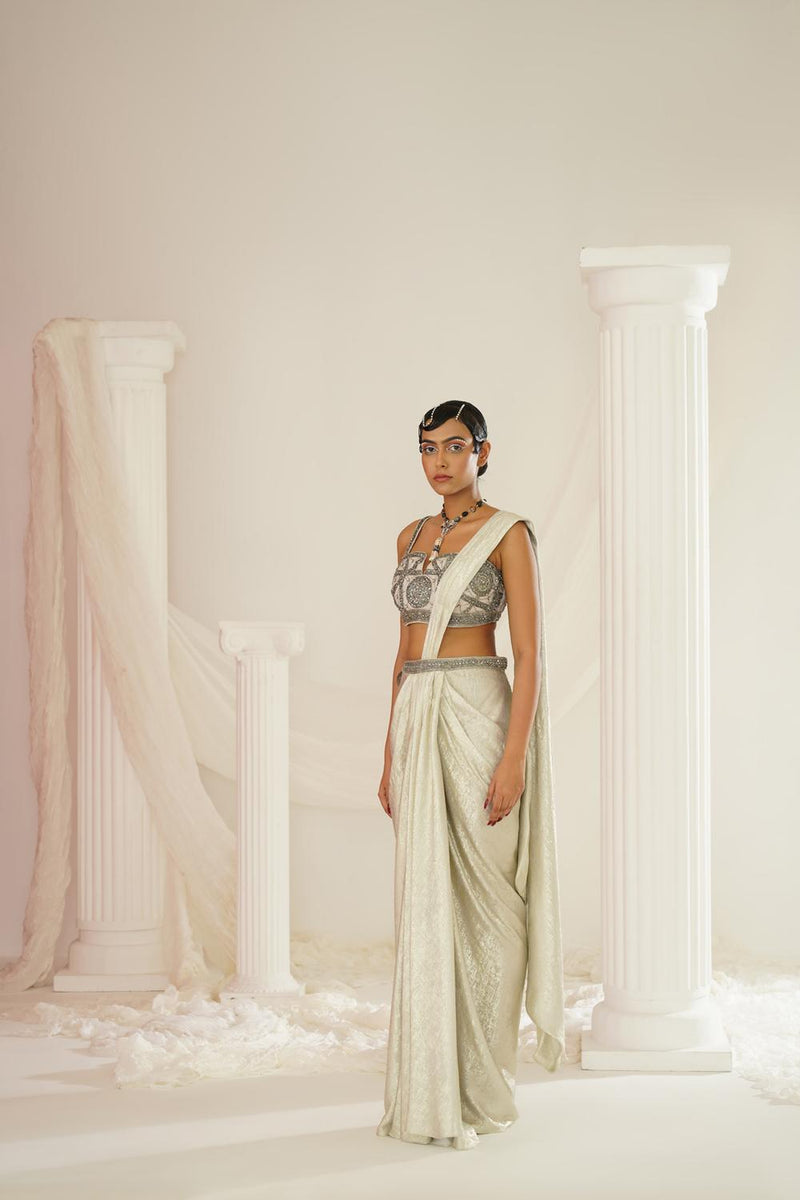 Silver Grey Embroidered Blouse With
 Ready To Wear Drape Saree Set