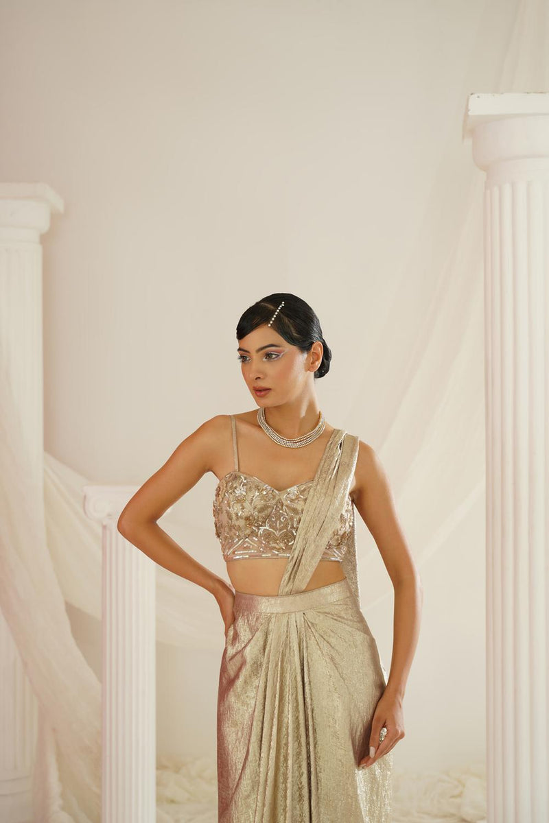 Gold Embroidered Blouse With
 Ready To Wear Drape Saree Set