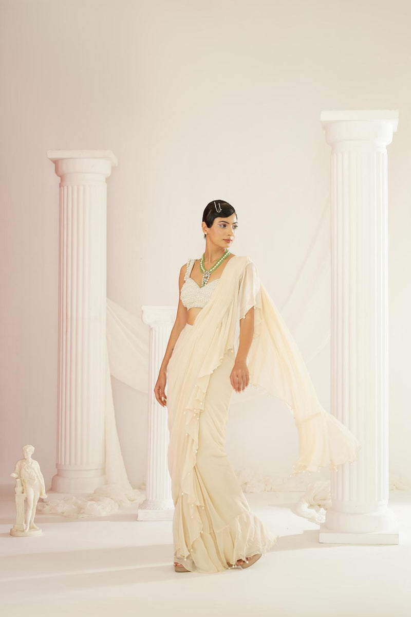 Ivory Embroidered Blouse With Ready To Wear Ruffle Saree Set