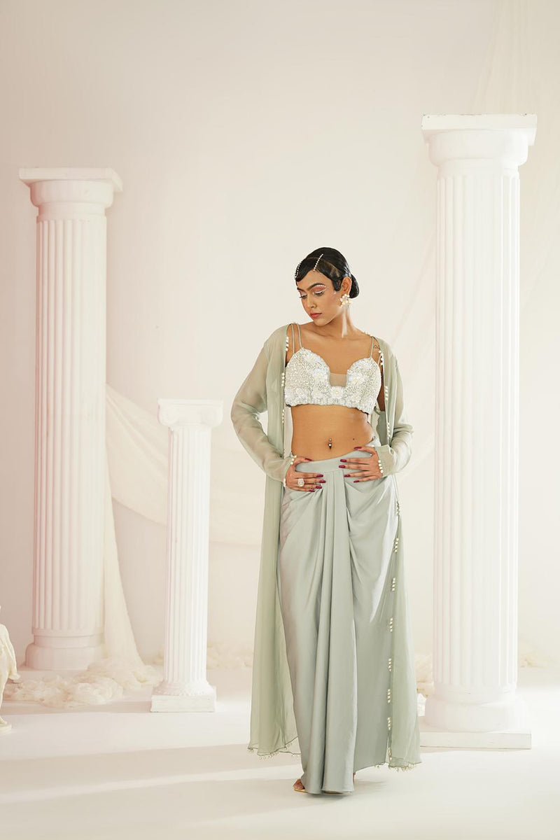Sage Green Embellished Blouse, Dhoti And Long Jacket