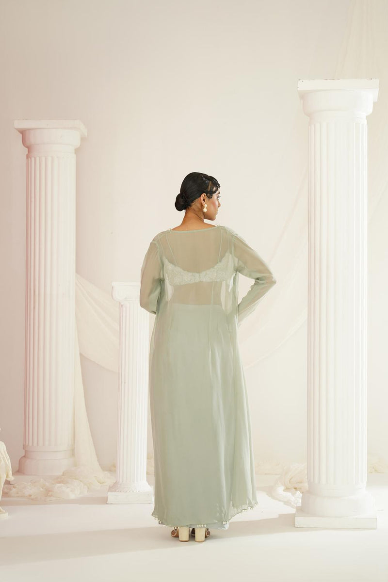 Sage Green Embellished Blouse, Dhoti And Long Jacket