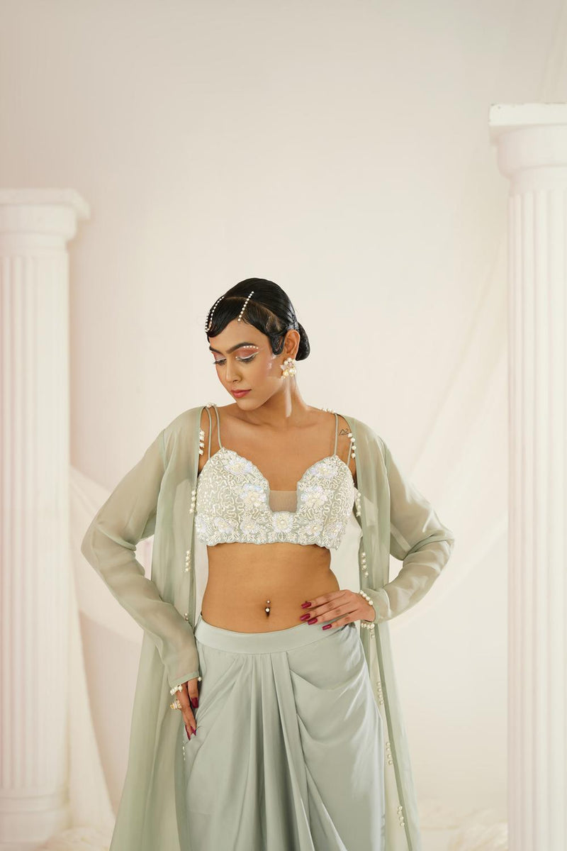 Sage Green Embellished Blouse, Dhoti And Long Jacket