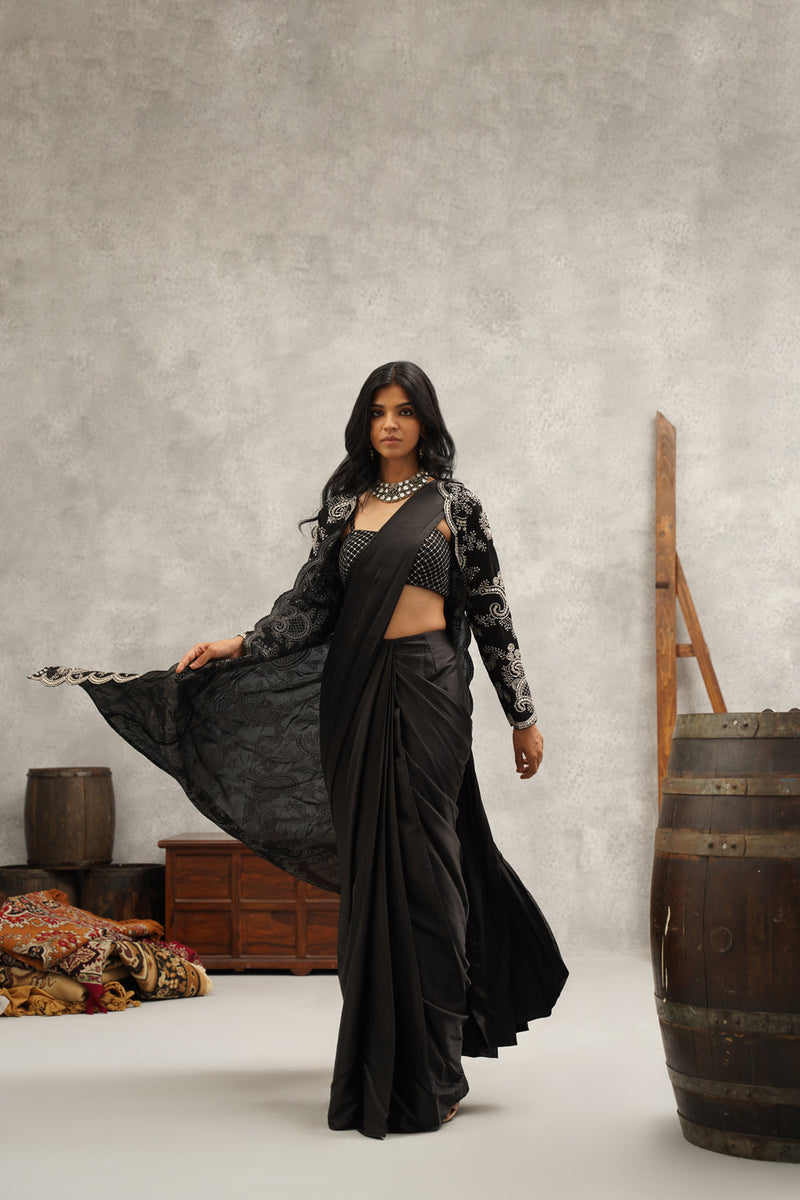 Black Embroidered Saree Set