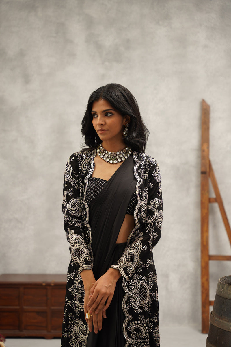 Black Embroidered Saree Set