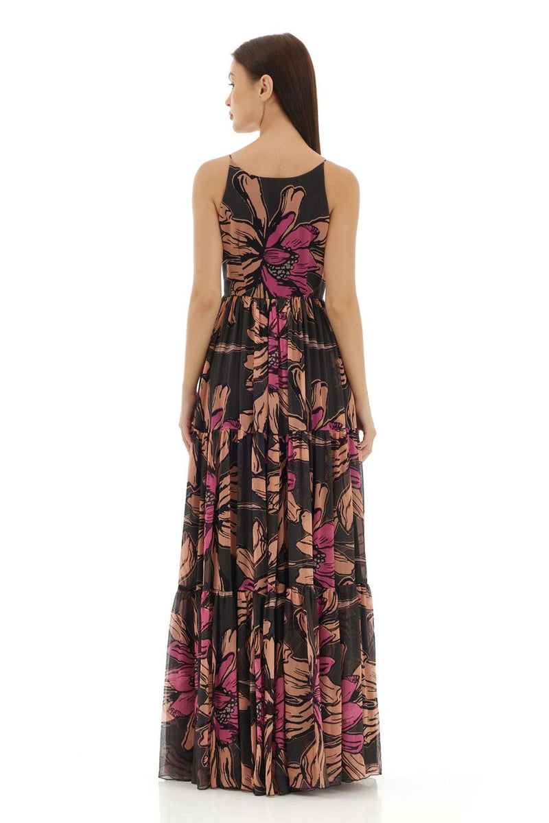 Green , Beige And Pink Floral Long Dress