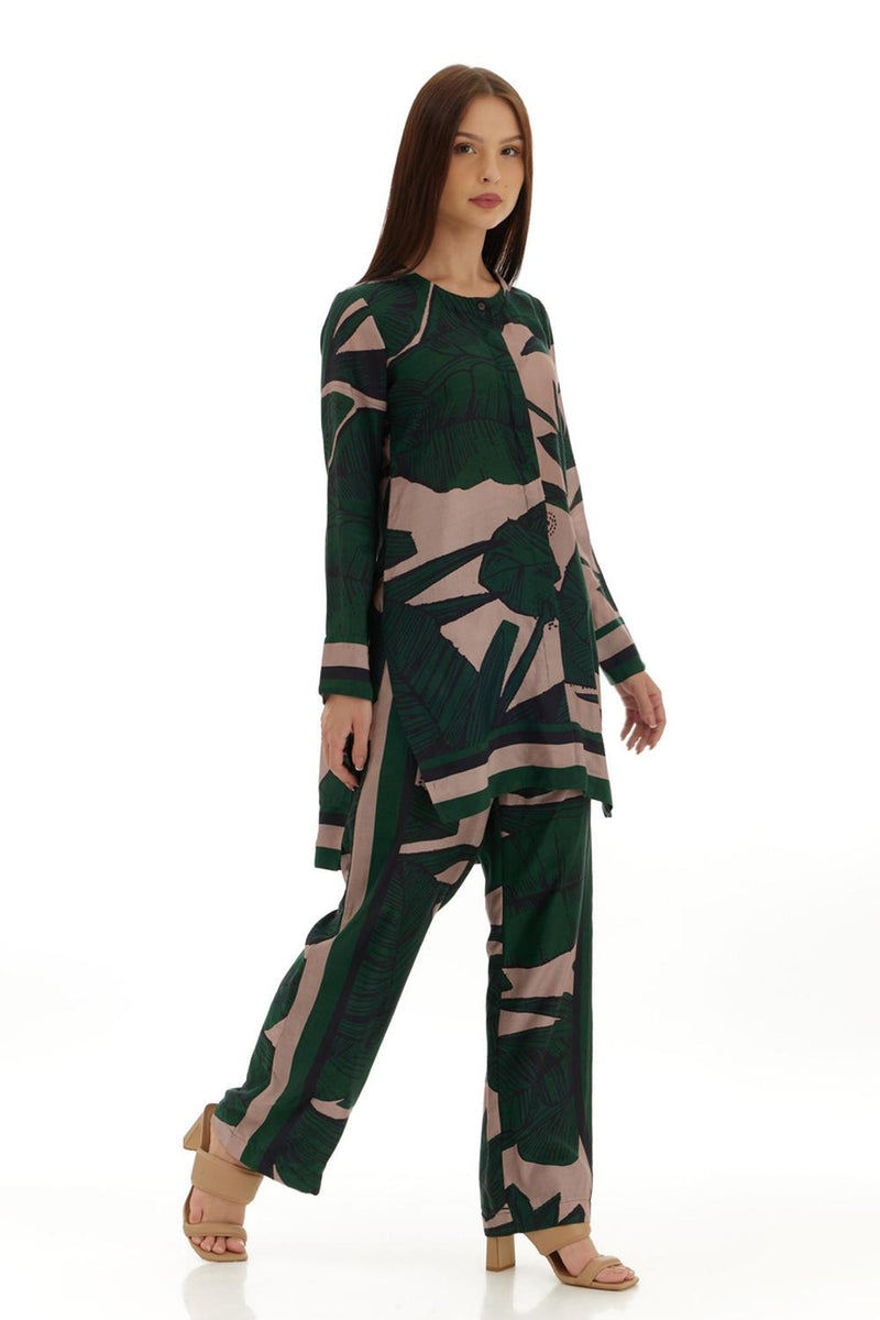 Green & Off White Floral Pants