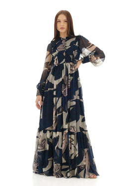 Blue & Off White Floral Long Dress
