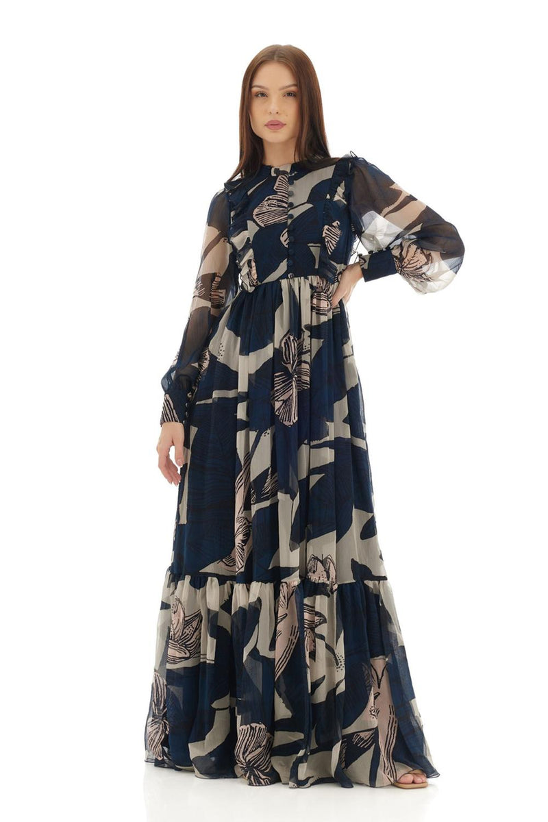Blue & Off White Floral Long Dress