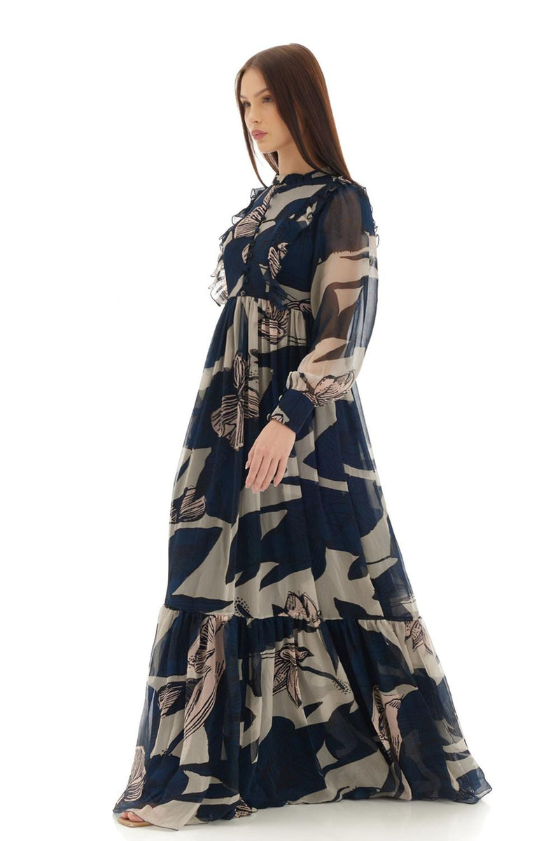 Blue & Off White Floral Long Dress