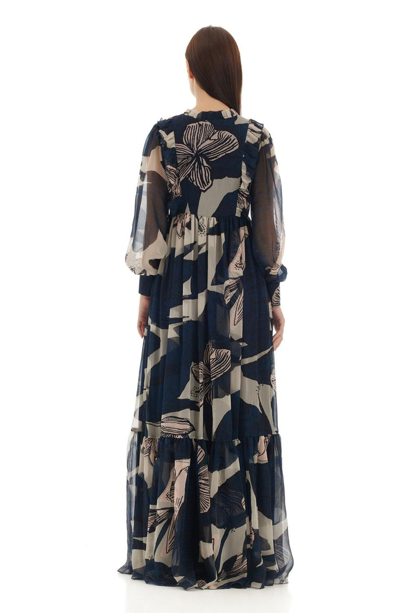 Blue & Off White Floral Long Dress