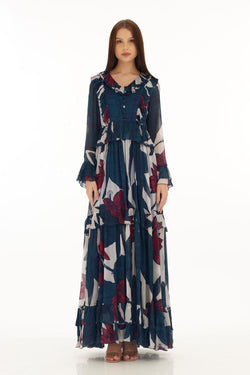 Blue, Off White & Red Floral Frill Long Dress