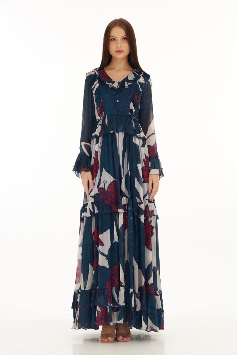 Blue, Off White & Red Floral Frill Long Dress