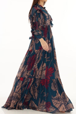 Blue, Orange & Red Floral Frill Long Dress