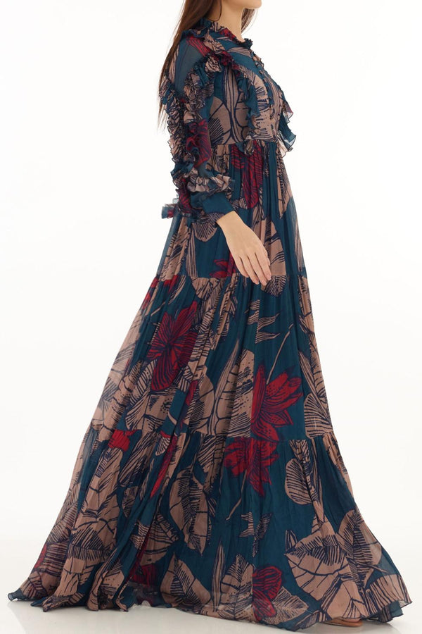 Blue, Orange & Red Floral Frill Long Dress