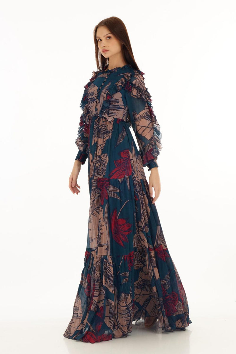 Blue, Orange & Red Floral Frill Long Dress