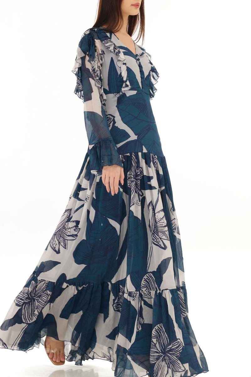 White & Sky Blue Floral Frill Long Dress
