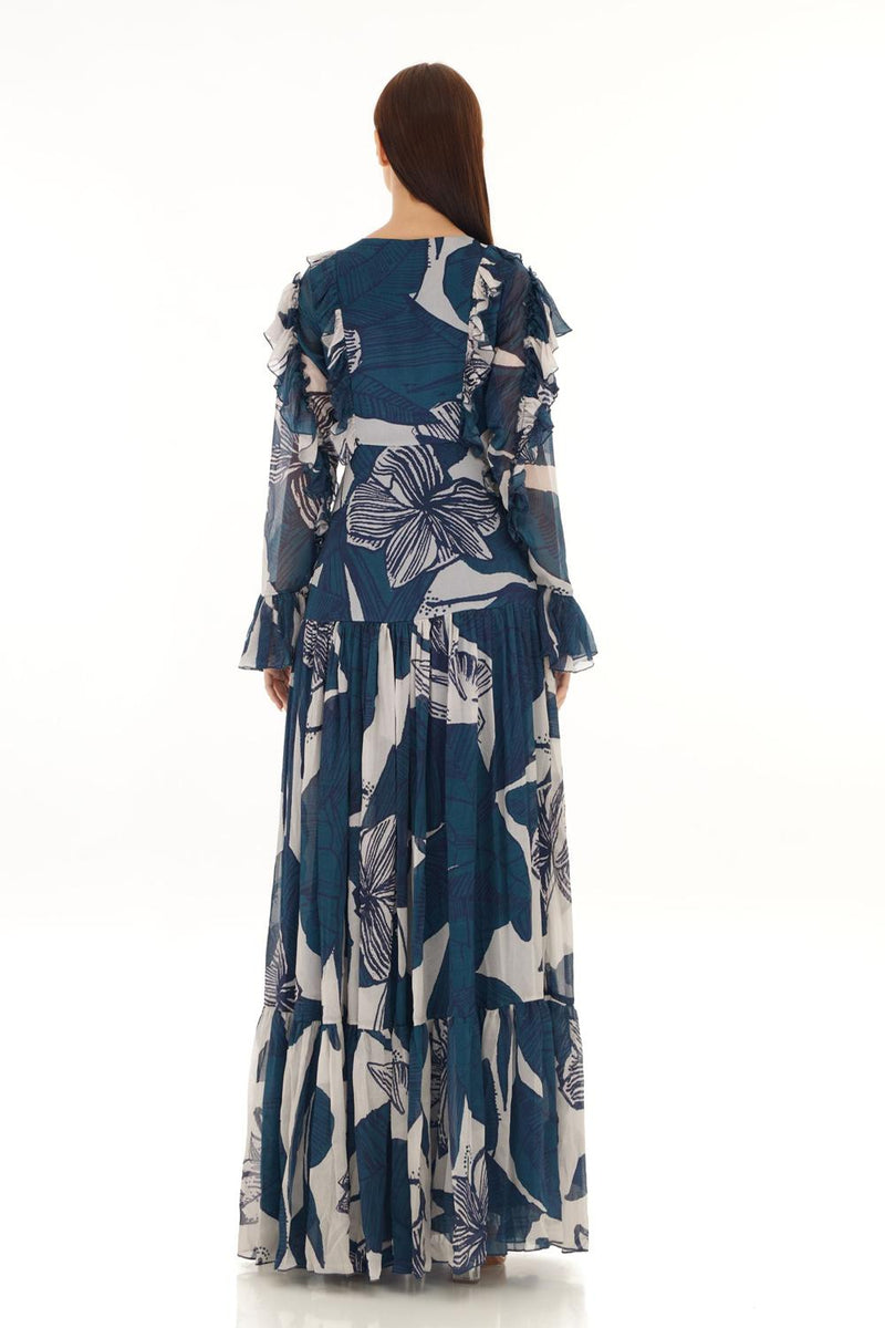 White & Sky Blue Floral Frill Long Dress