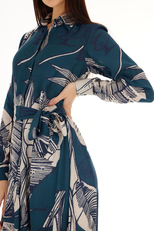 Blue & White Floral Long Shirt Dress