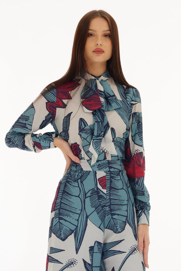 White, Blue & Red Floral Bow Tie Shirt