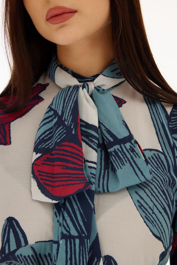 White, Blue & Red Floral Bow Tie Shirt