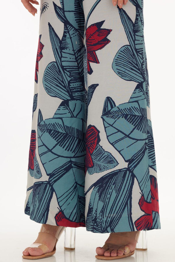 White, Blue & Red Floral Pants