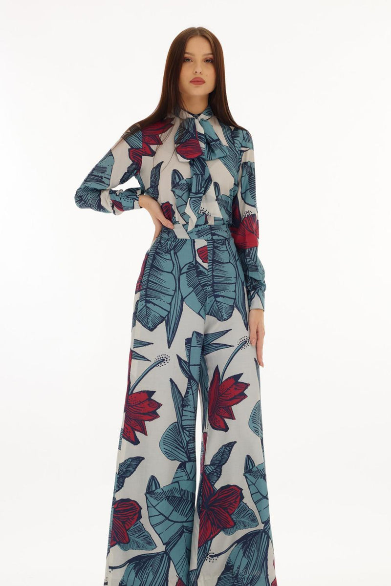 White, Blue & Red Floral Pants