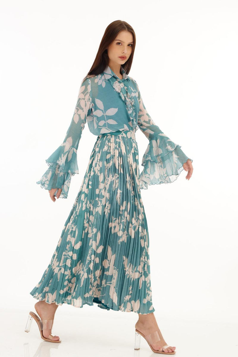Light Blue & White Floral Crinkled Skirt