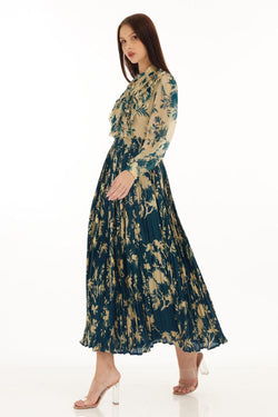 Teal & Cream Floral Crinkled Skirt