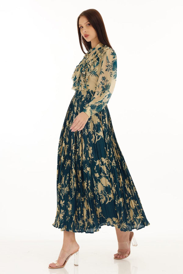 Teal & Cream Floral Crinkled Skirt