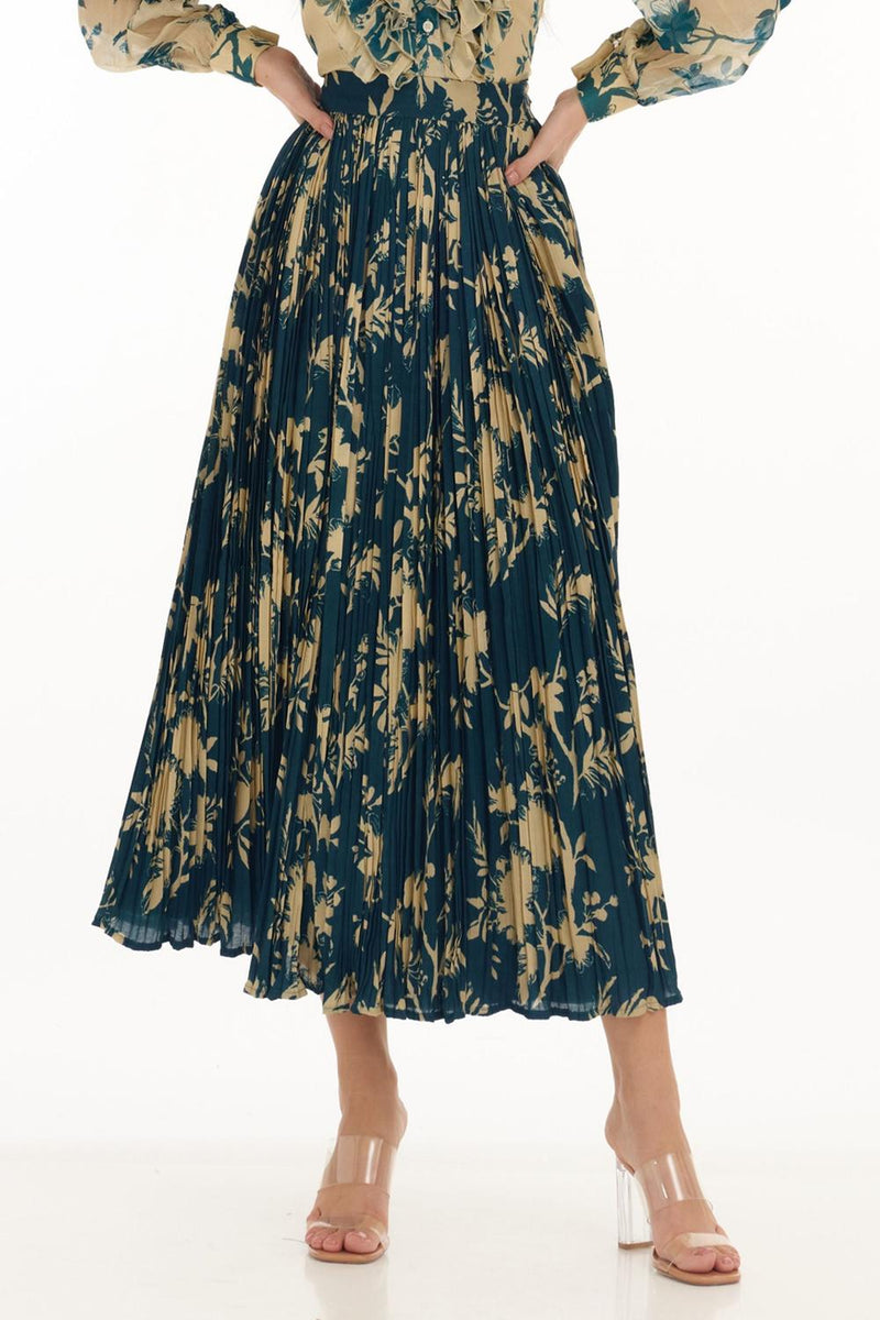 Teal & Cream Floral Crinkled Skirt